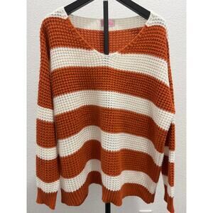 EUC Pink Lily Orange white striped V neck sweater size Large